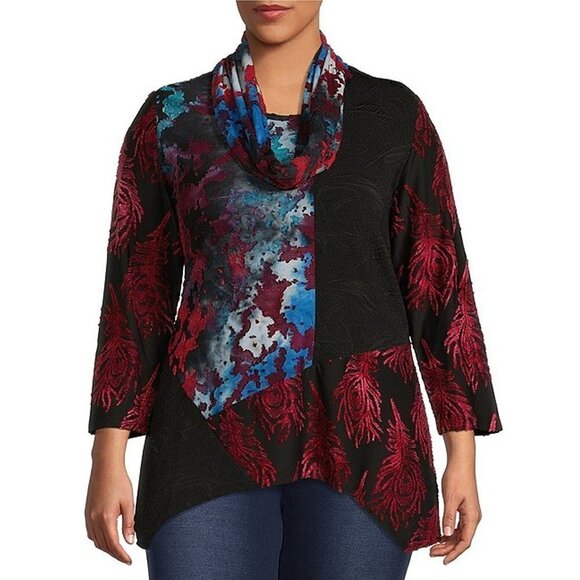 Calessa Size 2X Patchwork Tie Dye Burnout 3/4 Sleeve Asymmetric Tunic Scarf NEW - Picture 1 of 14